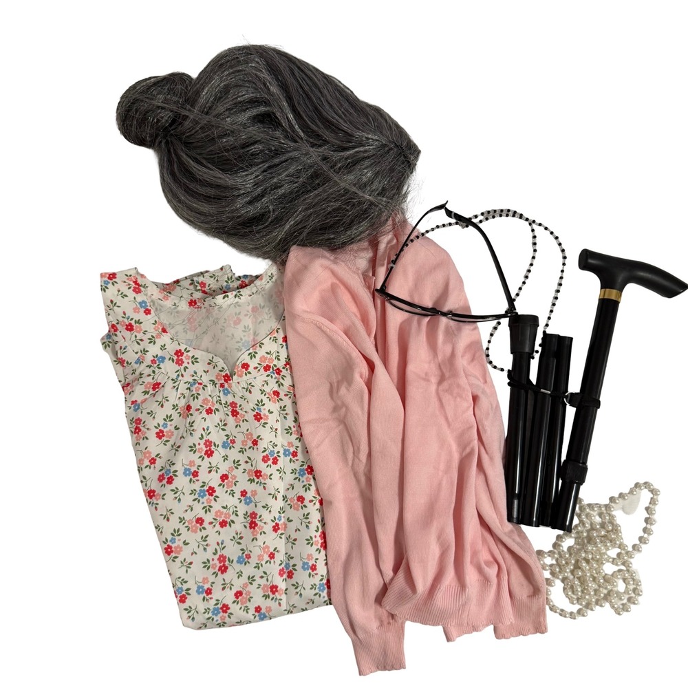 Unbranded Old Lady Costume Kids Size 130 Pink Floral 100th Day of School Set